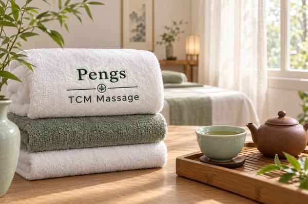 Foldede håndklæder med Pengs TCM Massage-logoet broderet i grønt, ved siden af en kop grøn te og en lerkande.
