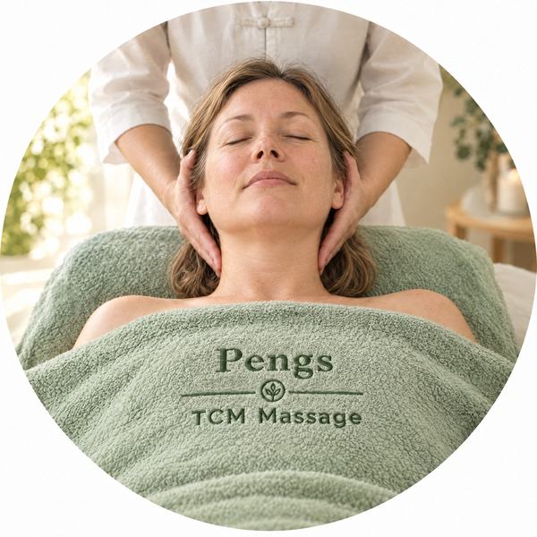 En kvinde omkring 40 ligger afslappet med lukkede øjne på en massagebriks under et grønt tæppe med Pengs TCM Massage-logoet broderet, mens massøren holder hænderne om hendes hoved og nakke.