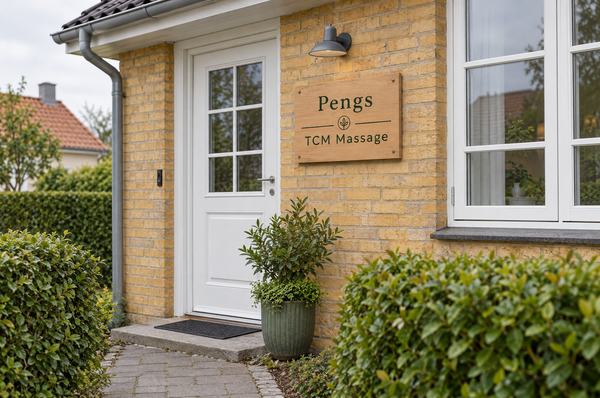 Indgangen til en gul murstensvilla med hvid hoveddør og et egetræsskilt med Pengs TCM Massage-logoet.