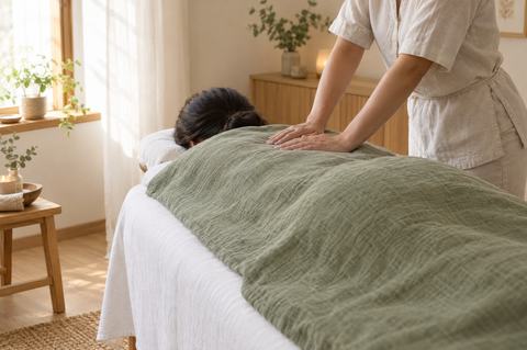 En klient ligger på en massagebriks under et grønt tæppe, mens massøren lægger hænderne på ryggen.
