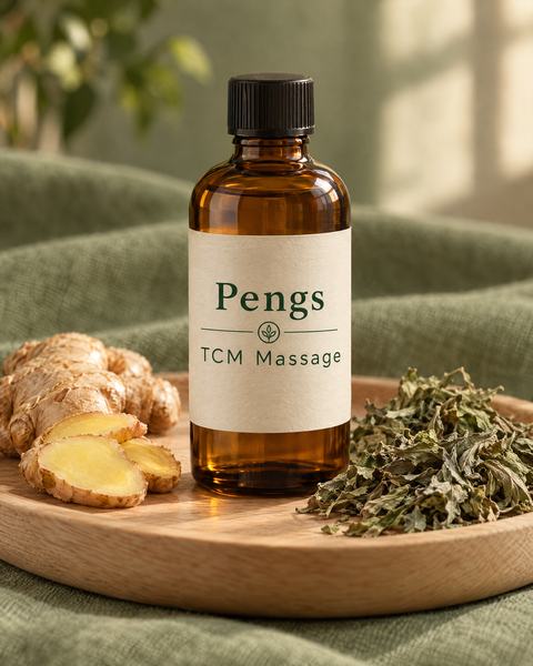 En brun glasflaske massageolie med Pengs TCM Massage-logo på etiketten, ved siden af frisk ingefær og tørret mugwort.