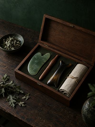 En åben trææske med traditionelle kinesiske massageredskaber: en gua sha-sten af jade, en akupressurstav af træ og et redskab af horn.