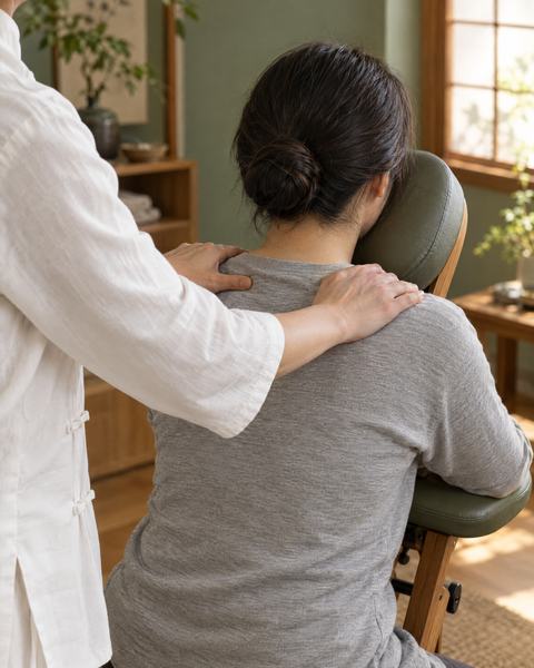 En massør i hvid kinesisk kittel masserer skuldrene på en klient, der sidder i en massagestol.